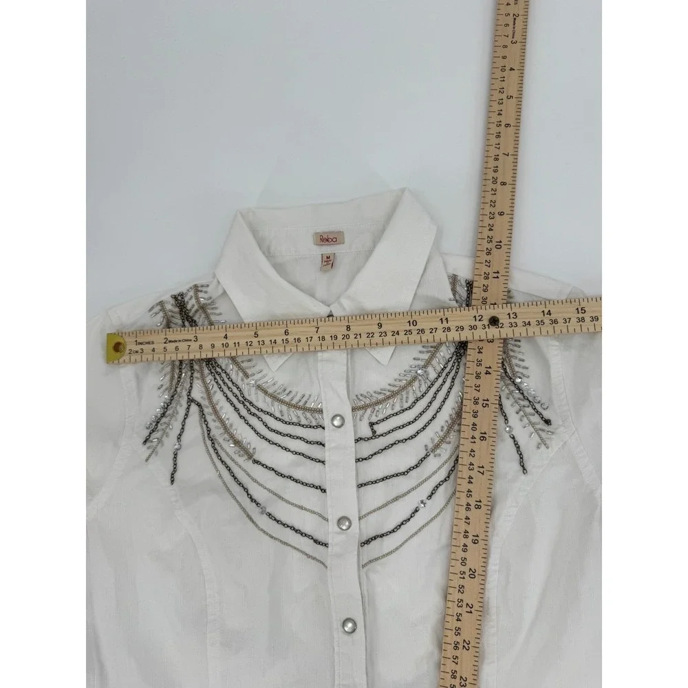Y2K Reba Western Shirt Womens‎ Medium White Rhinestone Chain Cotton Pearl Snap
